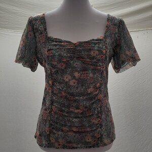 Takara Floral Puff Sleeve Blouse Boho Short Sleeve Shirt Women's Size Medium